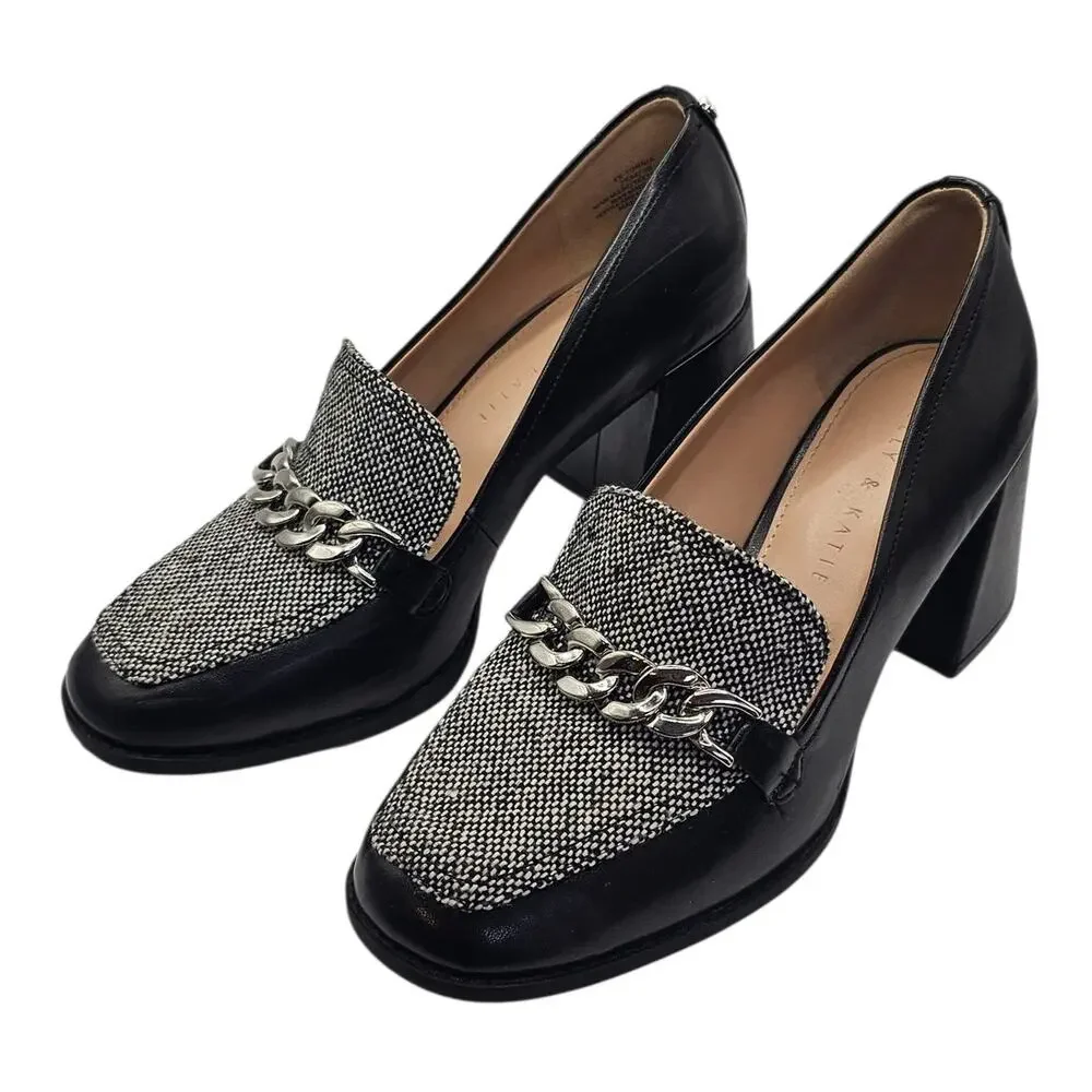 Kelly & Katie Black & White Tweed Tonnia Preppy Academia Loafer Pump Heel